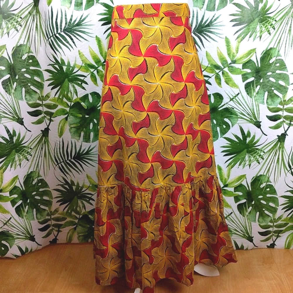 US Red & Yellow Tribal Maxi Pleated Skirt (Size: 1X)